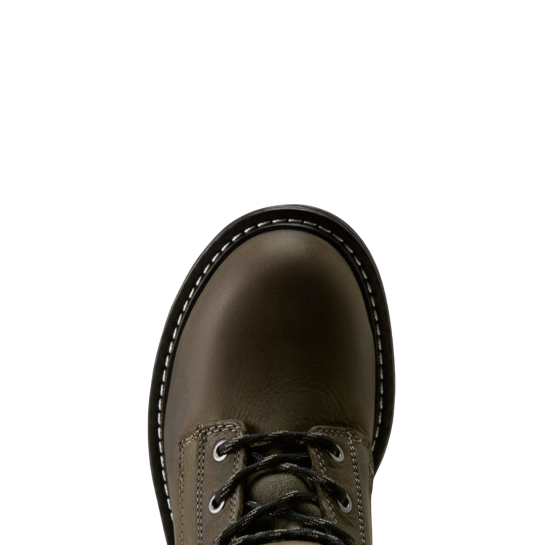 Ariat Women’s Casey 6" Composite Toe Work Boot in Shadow top view showcasing the rugged upper, lace-up system, padded tongue and collar, spacious roper toe area, and supportive interior designed to accommodate higher arches while providing a comfortable fit.
