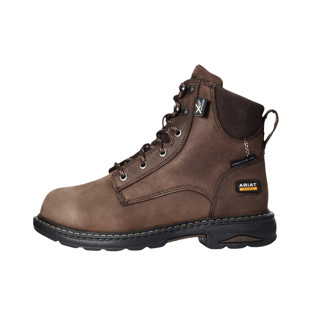 Ariat Women’s Casey 6" MetGuard Composite Toe Boot in Oily Distressed Brown side view showcasing the full-grain leather upper, 6-inch supportive shaft, lace-up design, internal MetGuard protection, composite safety toe, shock-absorbing EVA midsole, and Duratread™ slip- and oil-resistant outsole built for demanding work environments.