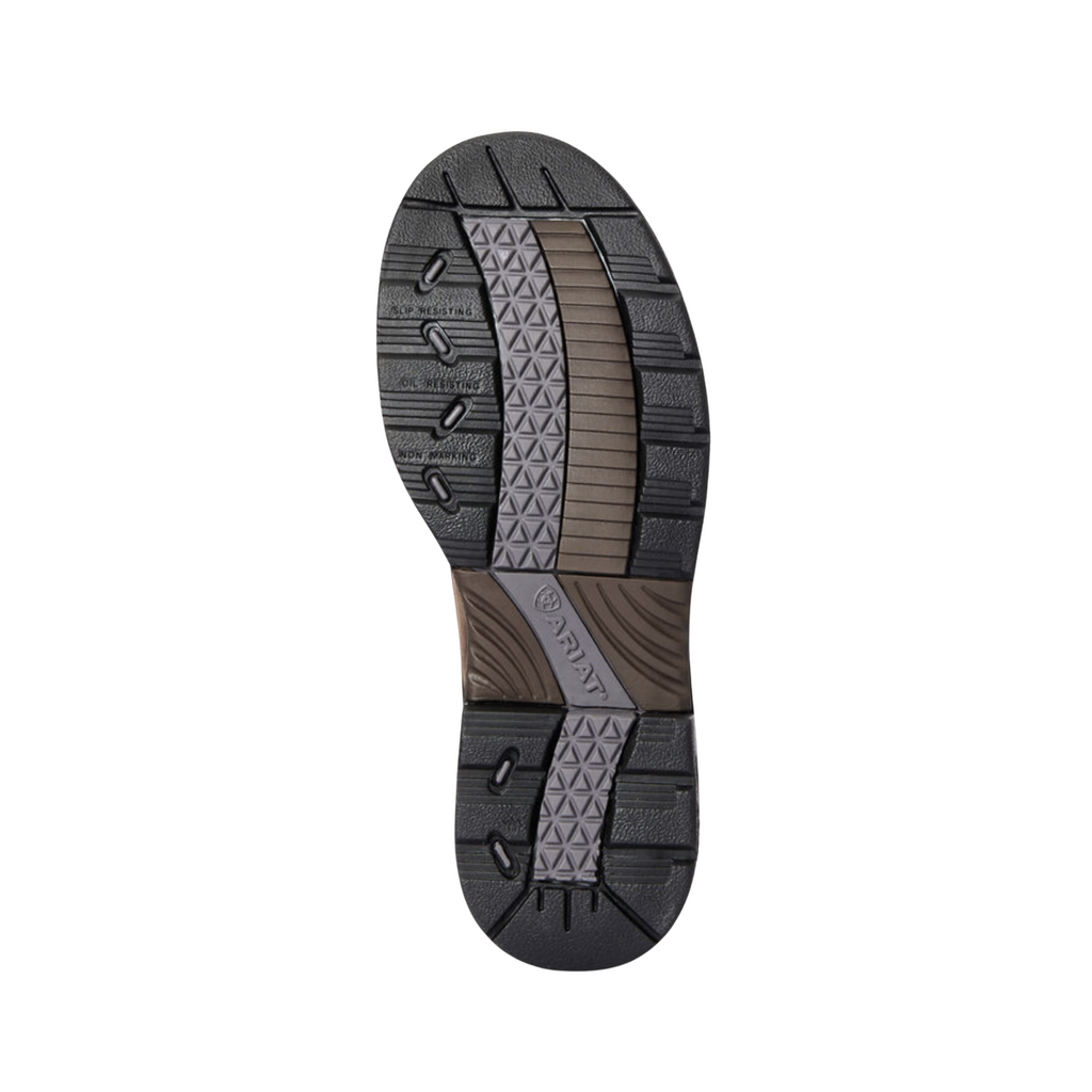Ariat Women’s Casey 6" MetGuard Composite Toe Boot in Oily Distressed Brown bottom view featuring the Duratread™ slip- and oil-resistant outsole with rugged traction pattern engineered to provide dependable grip, stability, and confidence on slick, uneven, and demanding jobsite surfaces.