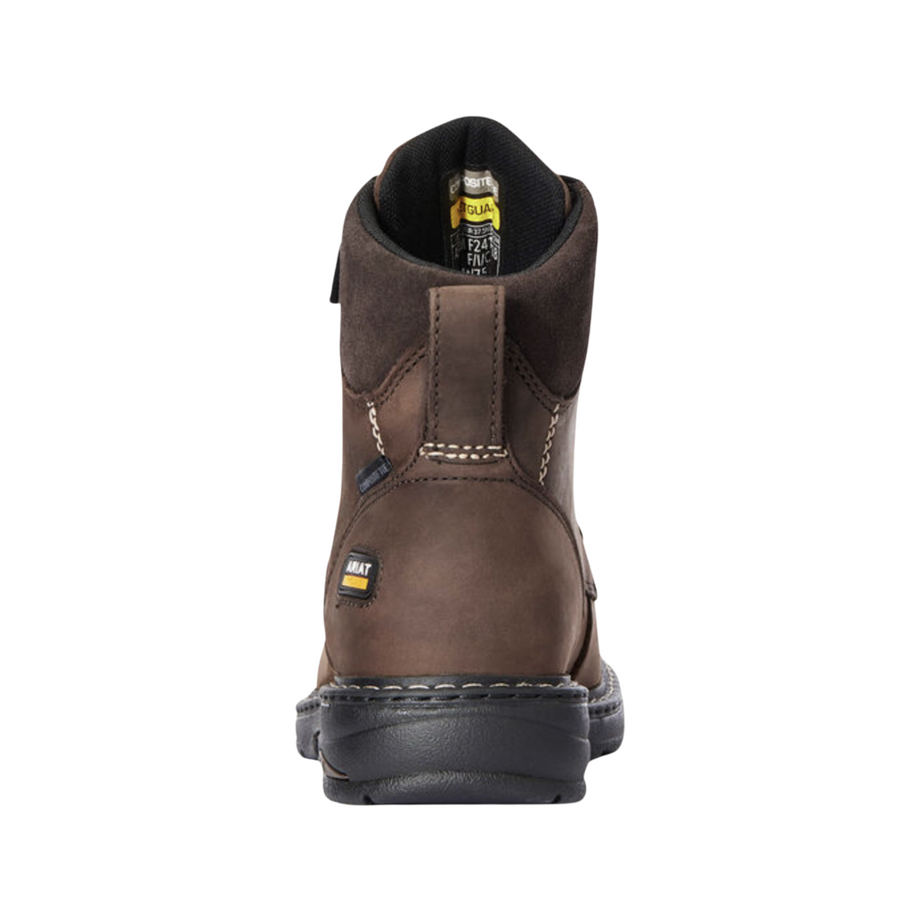Ariat Women’s Casey 6" MetGuard Composite Toe Boot in Oily Distressed Brown rear heel view displaying the padded ankle collar, reinforced heel structure, 6-inch shaft height, moisture-wicking lining, and durable outsole designed to provide ankle support, stability, and long-lasting comfort during extended shifts.