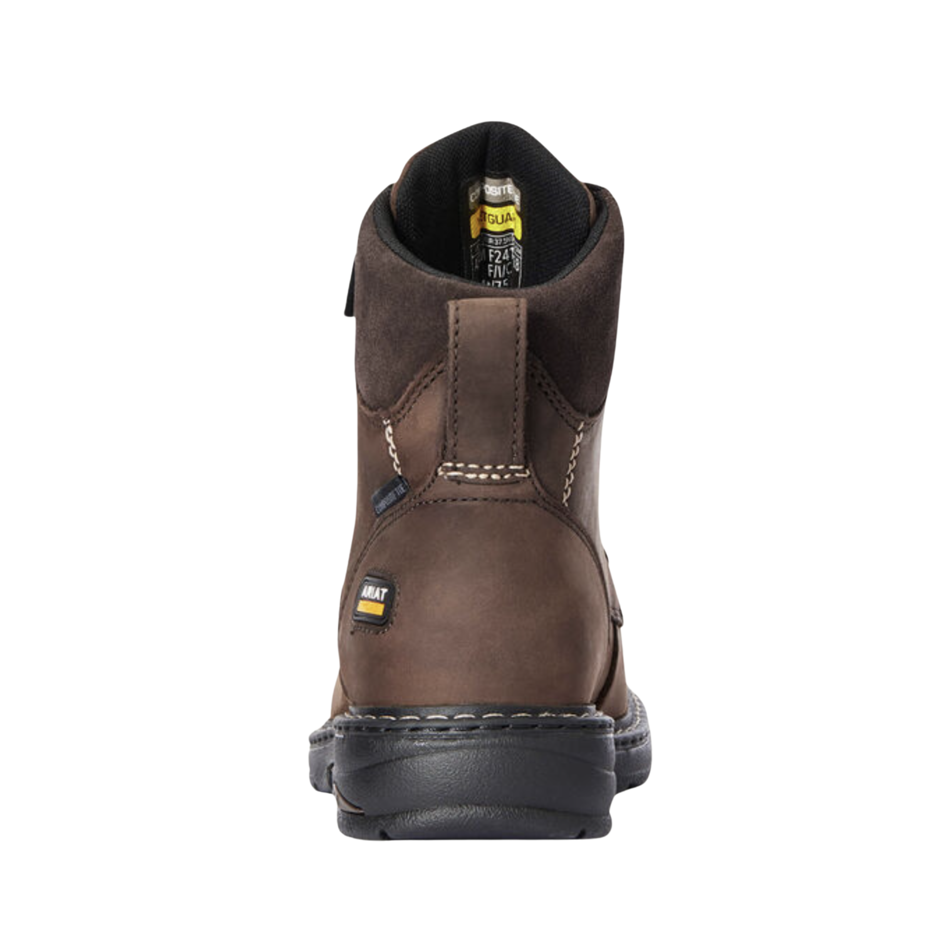 Ariat Women’s Casey 6" MetGuard Composite Toe Boot in Oily Distressed Brown rear heel view displaying the padded ankle collar, reinforced heel structure, 6-inch shaft height, moisture-wicking lining, and durable outsole designed to provide ankle support, stability, and long-lasting comfort during extended shifts.