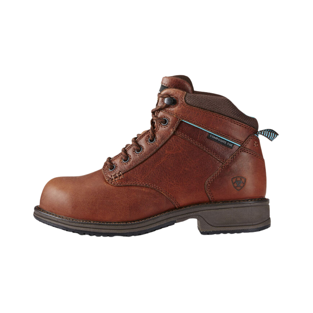 Ariat Women’s Casual Work Mid Composite Toe Boot in Nutty Brown side view showcasing the durable leather upper, mid-height work boot silhouette, composite toe protection, 4LR Technology cushioning, lightweight EVA midsole, 90-degree heel, and oil- and slip-resistant outsole designed for comfortable, secure performance on the job.