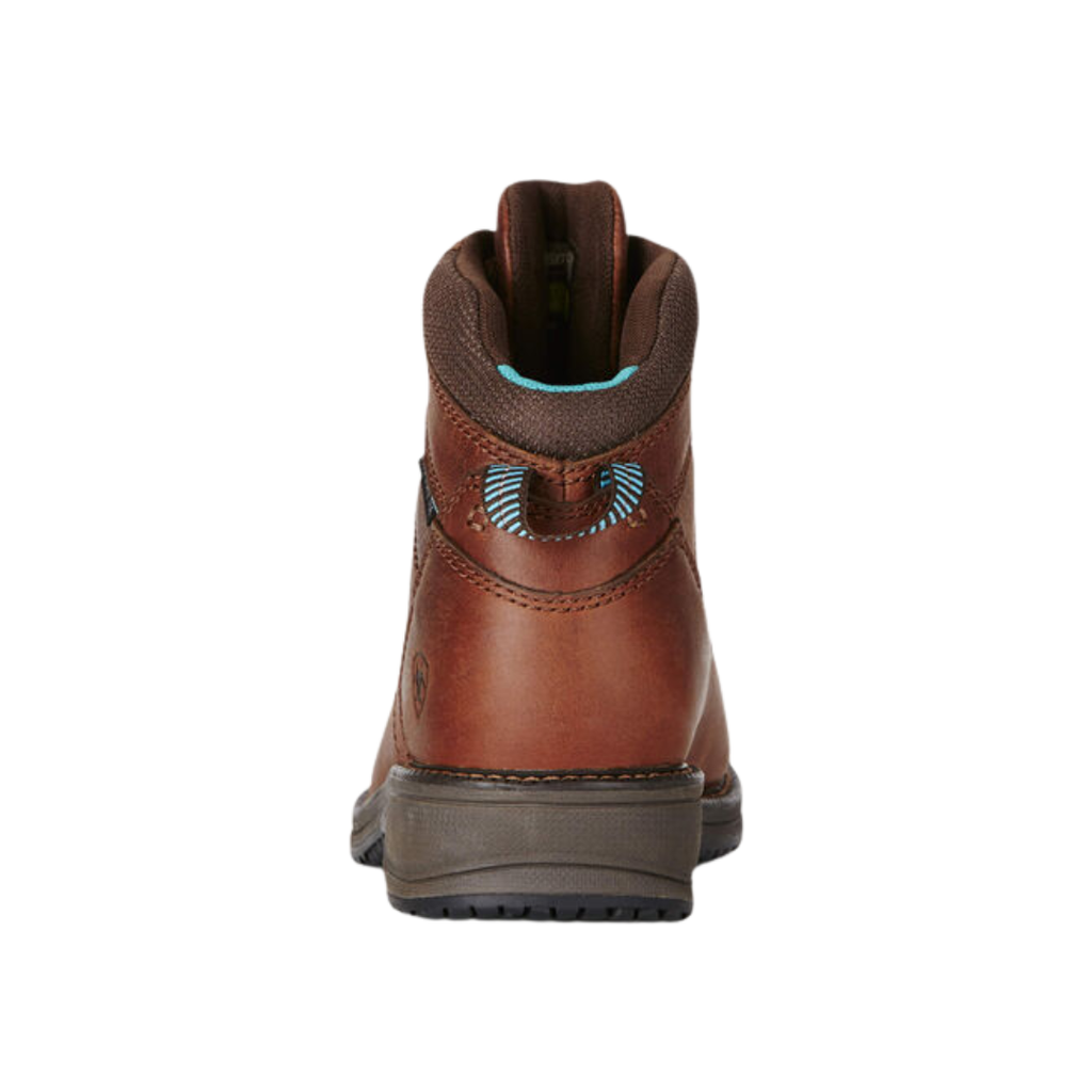 Ariat Women’s Casual Work Mid Composite Toe Boot in Nutty Brown rear heel view displaying the supportive padded collar, reinforced heel structure, stable 90-degree heel, mid-height shaft, and durable outsole designed to improve balance and provide long-lasting support during demanding tasks.