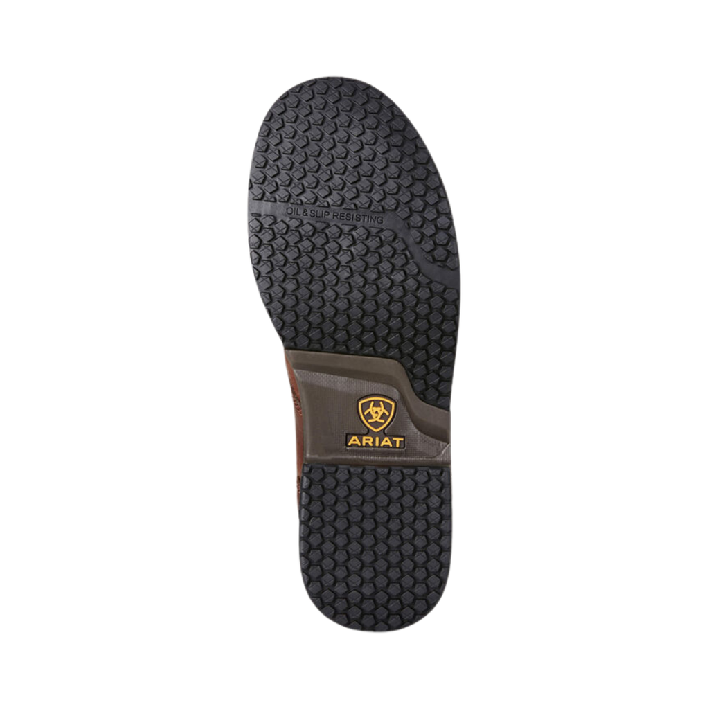 Ariat Women’s Casual Work Mid Composite Toe Boot in Nutty Brown bottom view featuring the ASTM F3445 certified oil- and slip-resistant outsole with durable traction pattern engineered to provide dependable grip, stability, and confidence across slick, uneven, and industrial workplace surfaces.