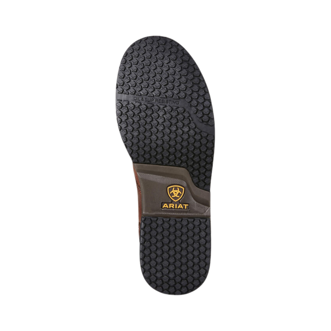 Ariat Women’s Casual Work Mid Composite Toe Boot in Nutty Brown bottom view featuring the ASTM F3445 certified oil- and slip-resistant outsole with durable traction pattern engineered to provide dependable grip, stability, and confidence across slick, uneven, and industrial workplace surfaces.