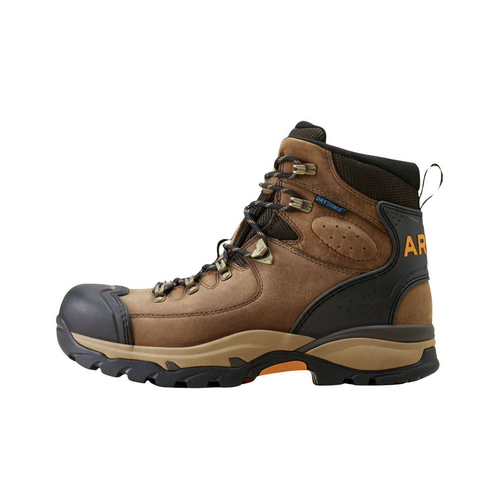 Ariat Men’s Endeavor Waterproof 6" Boot in Dusted Brown side view showcasing the full-grain leather upper, 6-inch ankle support shaft, Waterproof PRO™ construction, cushioned midsole, and Duratread™ oil- and slip-resistant outsole designed for durable comfort on the job, trails, and everyday wear.