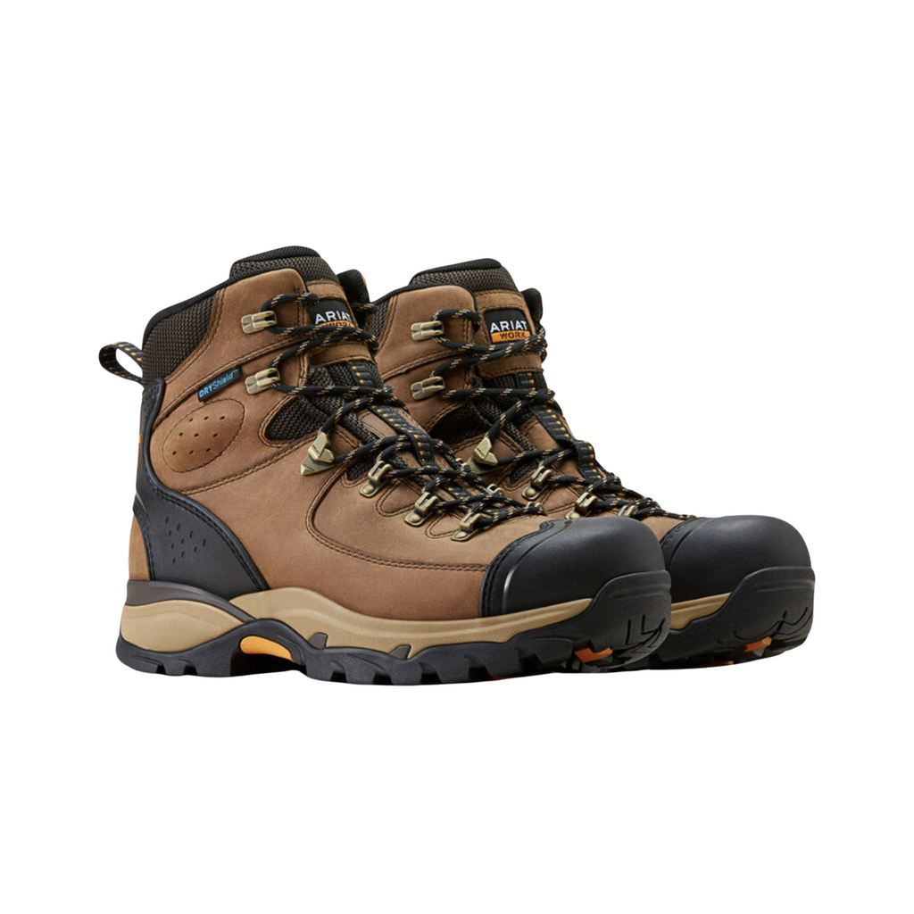 Ariat Men’s Endeavor Waterproof 6" Boot in Dusted Brown side view showcasing the full-grain leather upper, 6-inch ankle support shaft, Waterproof PRO™ construction, cushioned midsole, and Duratread™ oil- and slip-resistant outsole designed for durable comfort on the job, trails, and everyday wear.