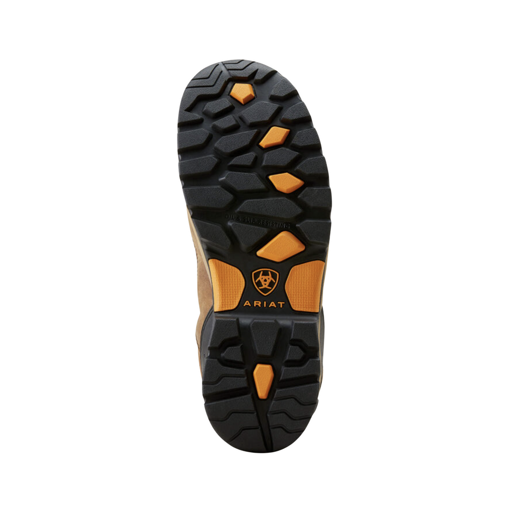 Ariat Men’s Endeavor Waterproof 6" Boot in Dusted Brown bottom view featuring the Duratread™ oil- and slip-resistant rubber outsole with durable traction pattern engineered to provide excellent grip, flexibility, and stability across job sites, trails, and uneven surfaces.