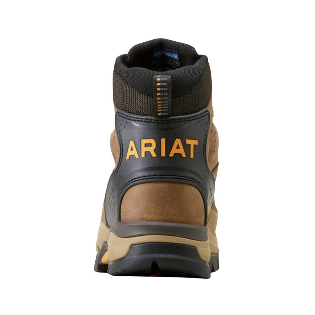 Ariat Men’s Endeavor Waterproof 6" Boot in Dusted Brown rear heel view displaying the supportive 6-inch shaft, padded collar, reinforced heel structure, durable full-grain leather exterior, and slip-resistant outsole designed for ankle stability and long-lasting wear.