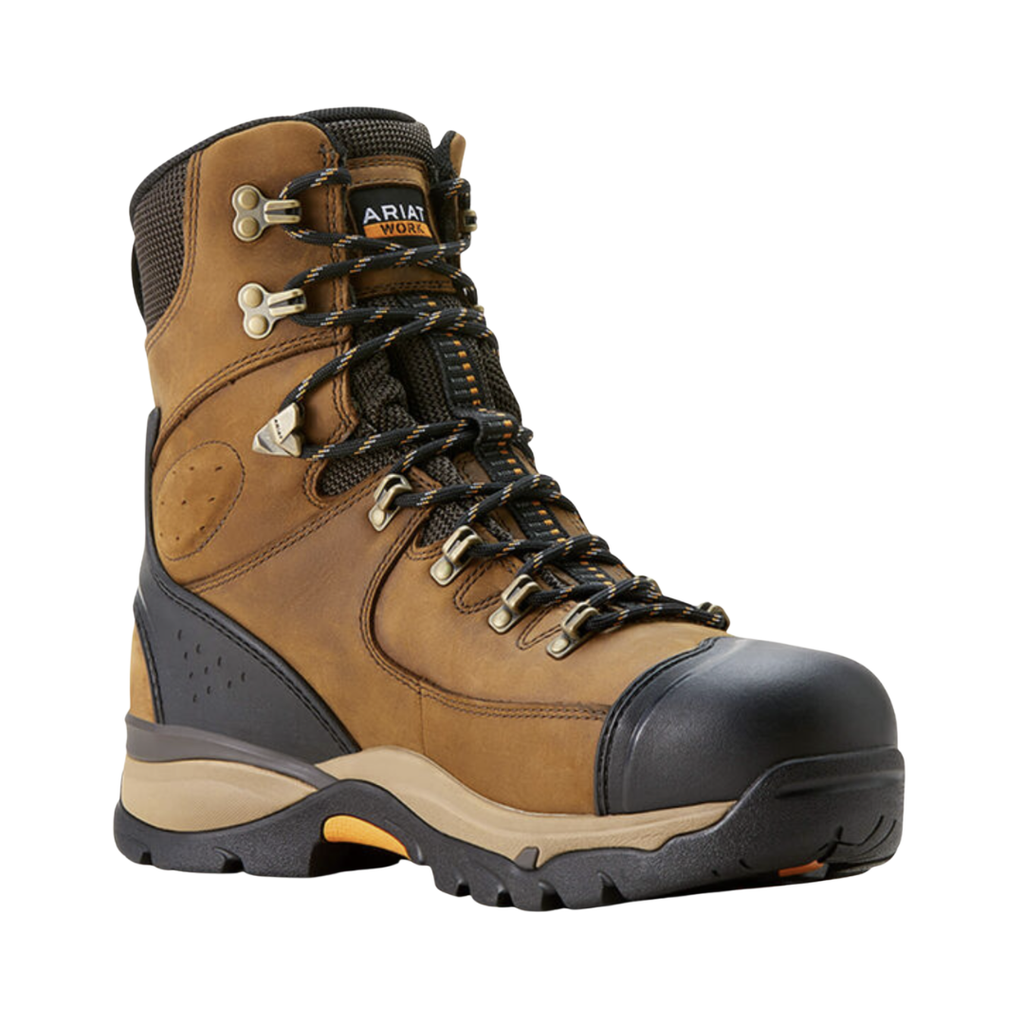 Ariat Men’s Endeavor 8" Waterproof Carbon Toe Work Boot in Dusted Brown side view showcasing the full-grain leather upper, 8-inch supportive shaft, carbon safety toe protection, waterproof construction, shock-absorbing cushioning, and slip-resistant outsole designed for demanding job sites and all-day comfort.