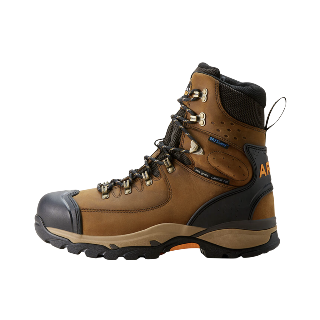 Ariat Men’s Endeavor 8" Waterproof Carbon Toe Work Boot in Dusted Brown side view showcasing the full-grain leather upper, 8-inch supportive shaft, carbon safety toe protection, waterproof construction, shock-absorbing cushioning, and slip-resistant outsole designed for demanding job sites and all-day comfort.