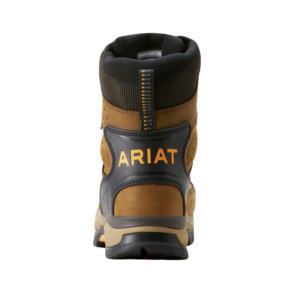 Ariat Men’s Endeavor 8" Waterproof Carbon Toe Work Boot in Dusted Brown rear heel view displaying the reinforced heel structure, padded ankle collar, 8-inch shaft for enhanced ankle support, waterproof leather construction, and stable 2-inch heel designed for jobsite performance.