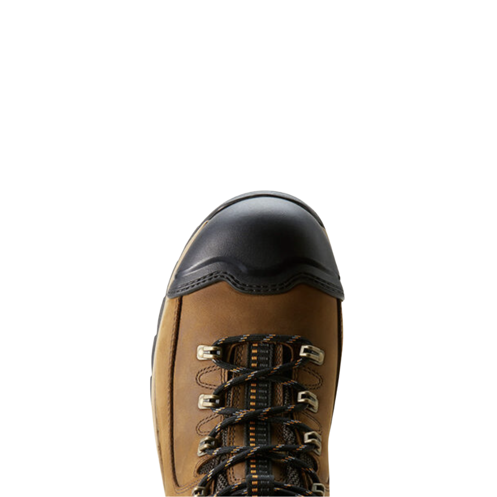 Ariat Men’s Endeavor 8" Waterproof Carbon Toe Work Boot in Dusted Brown top view showcasing the full-grain leather upper, lace-up system, padded tongue and collar, spacious round toe area, and cushioned insole designed for supportive comfort during long workdays.