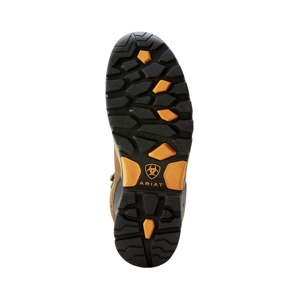 Ariat Men’s Endeavor 8" Waterproof Carbon Toe Work Boot in Dusted Brown bottom view featuring the ASTM F2413 slip-resistant outsole with durable traction pattern engineered to provide reliable grip, electrical hazard protection, stability, and confidence on slick or uneven jobsite surfaces.
