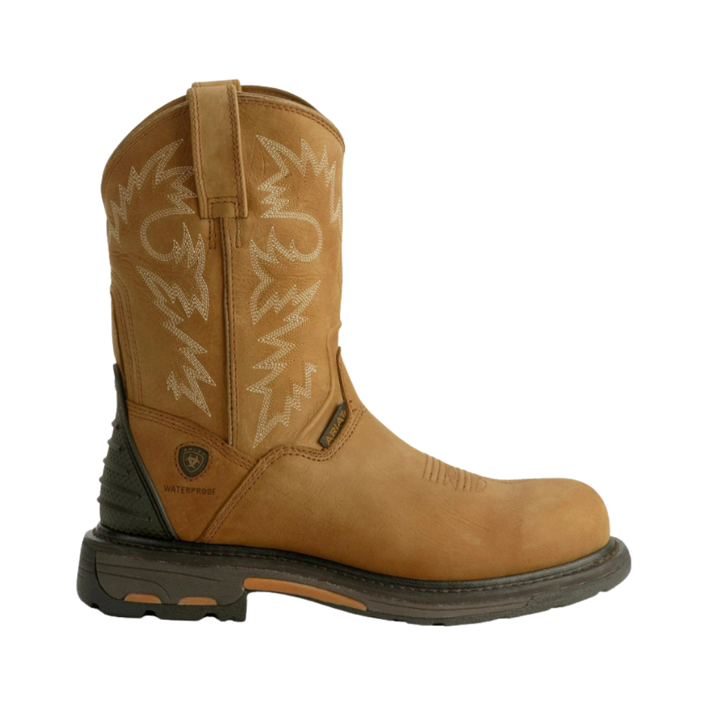 Ariat Men’s WorkHog® H2O Round Toe Composite Toe Wellington Boot in Rugged Bark side view showcasing the premium full-grain leather 10-inch Wellington silhouette, waterproof construction, ATS MAX® technology, external heel protector, and Duratread™ oil- and slip-resistant outsole built for demanding work environments.