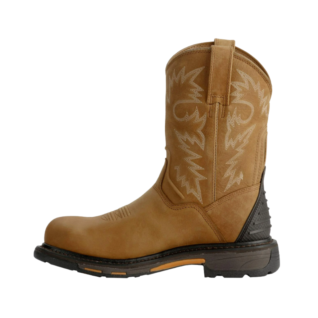 Ariat Men’s WorkHog® H2O Round Toe Composite Toe Wellington Boot in Rugged Bark side view showcasing the premium full-grain leather 10-inch Wellington silhouette, waterproof construction, ATS MAX® technology, external heel protector, and Duratread™ oil- and slip-resistant outsole built for demanding work environments.