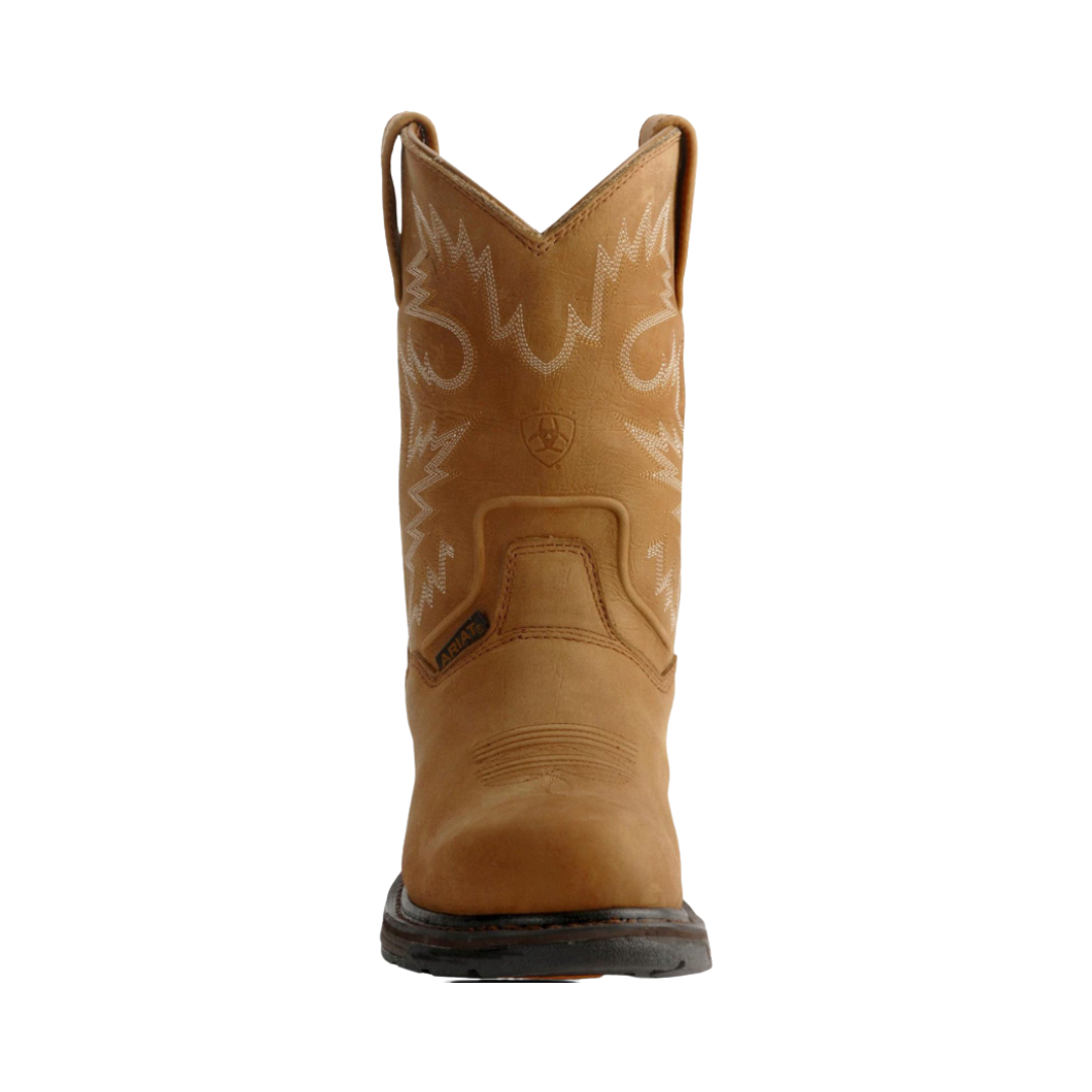 Ariat Men’s WorkHog® H2O Round Toe Composite Toe Wellington Boot in Rugged Bark front view highlighting the rounded composite safety toe, rugged full-grain leather upper, pull-on Wellington design, and protective work boot construction designed for comfort, durability, and jobsite protection.