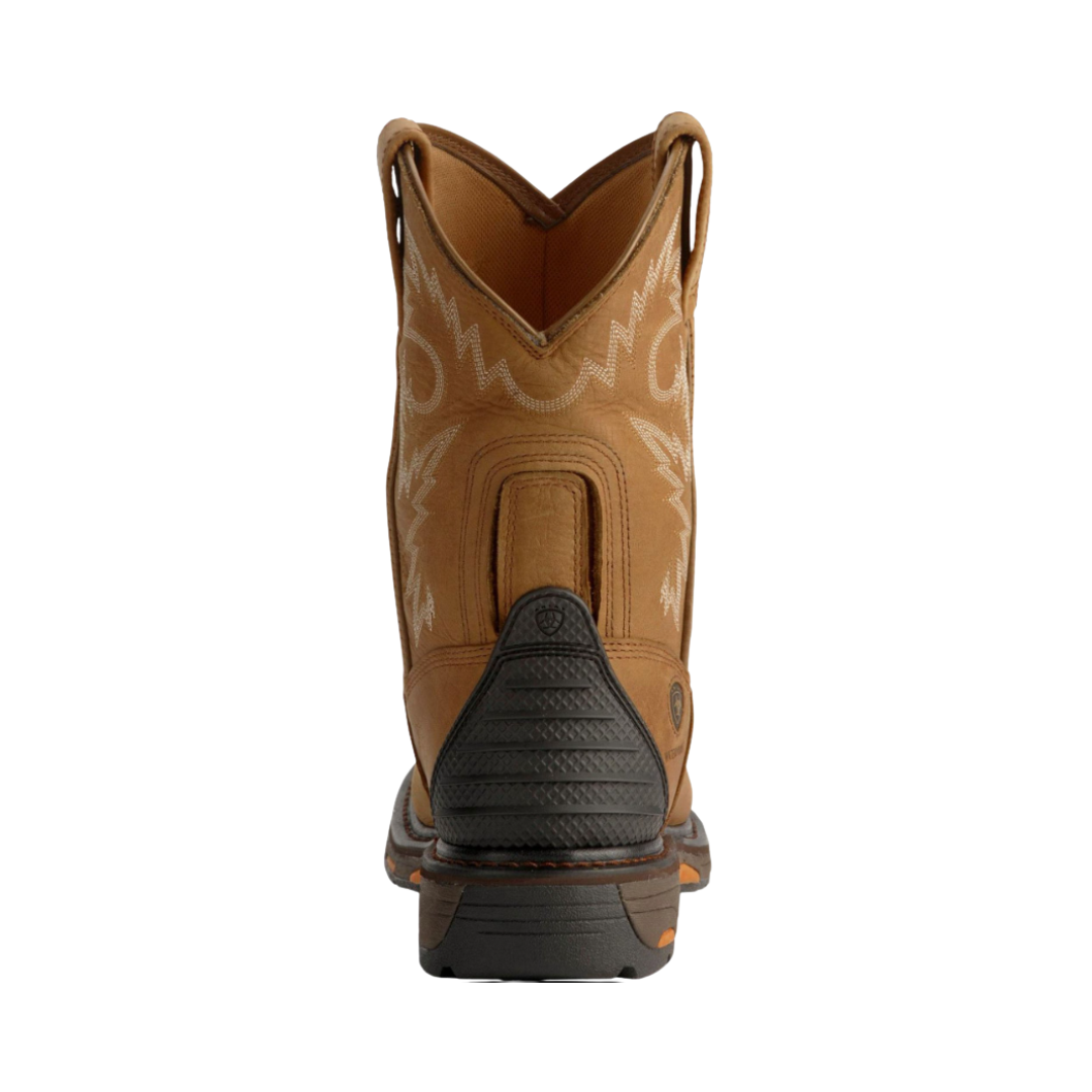 Ariat Men’s WorkHog® H2O Round Toe Composite Toe Wellington Boot in Rugged Bark rear heel view displaying the molded external heel protector, supportive heel structure, durable leather shaft, and slip-resistant Duratread™ outsole designed to enhance stability and reduce fatigue during long workdays.