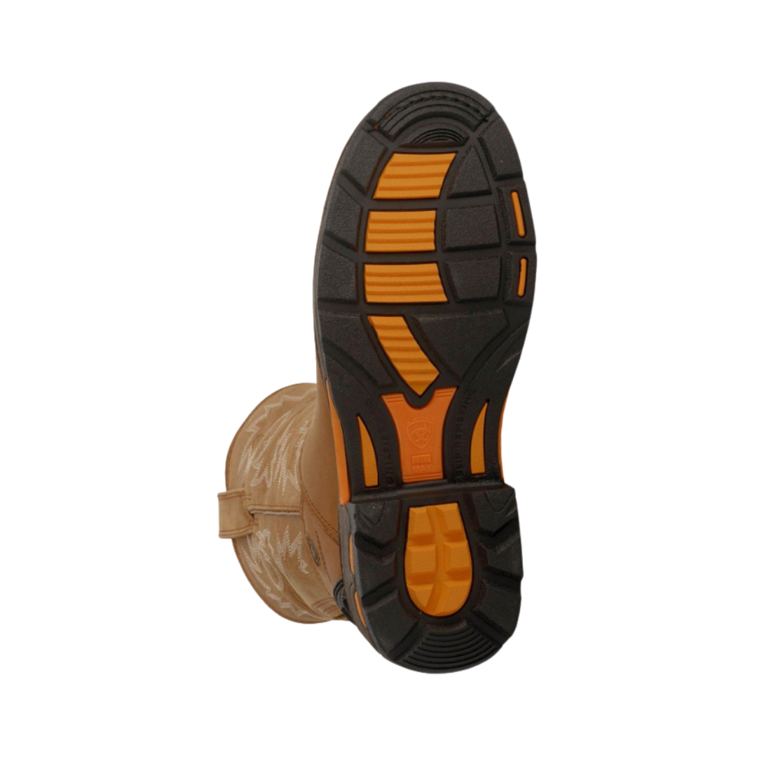 Ariat Men’s WorkHog® H2O Round Toe Composite Toe Wellington Boot in Rugged Bark bottom view featuring the Duratread™ outsole with oil-, slip-, and abrasion-resistant traction pattern engineered to provide dependable grip, durability, and stability on rugged jobsite surfaces.