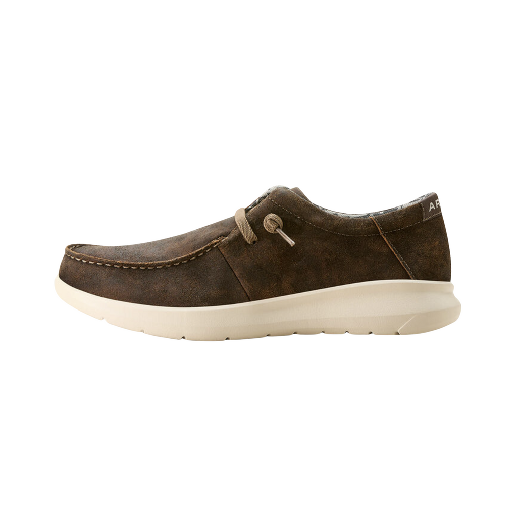 Ariat Men’s Hilo Slip-On Shoe in Western Brown side view showcasing the breathable black fabric upper, low-profile slip-on silhouette, dual elastic side goring, lightweight EVA midsole, and flexible rubber outsole designed for casual comfort and everyday support.