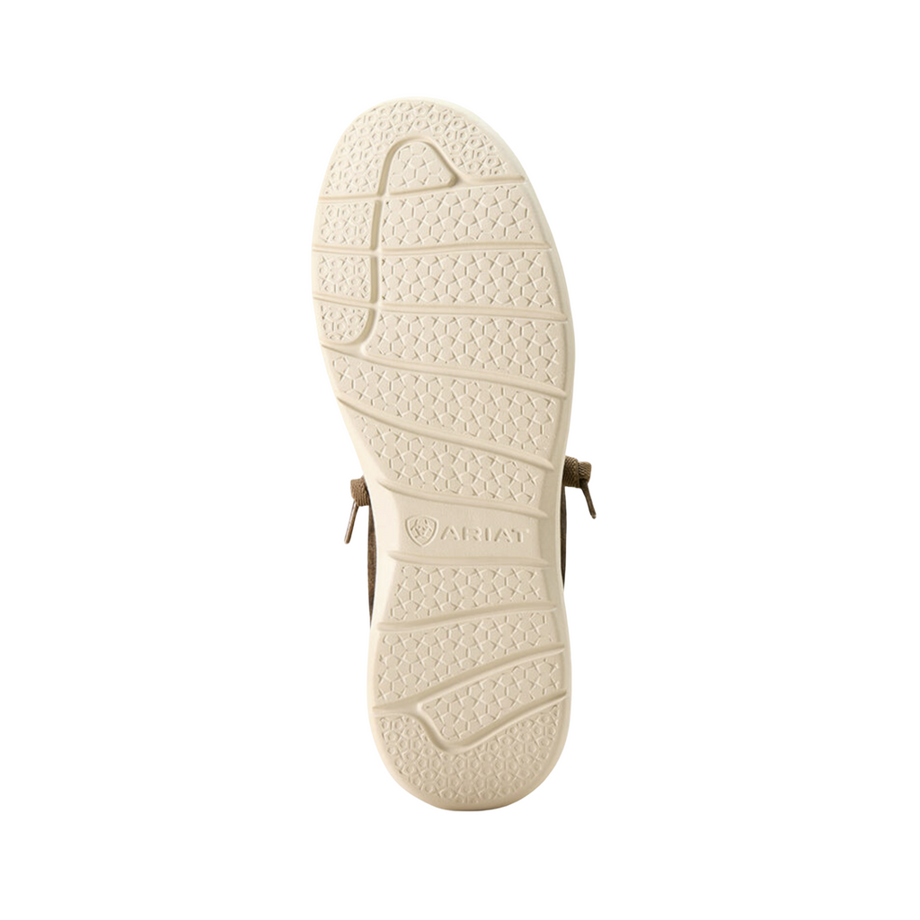 Ariat Men’s Hilo Slip-On Shoe in Western Brown bottom view featuring the durable non-marking rubber outsole with flexible traction pattern engineered to provide reliable grip, shock absorption, and comfortable movement across indoor and outdoor surfaces.