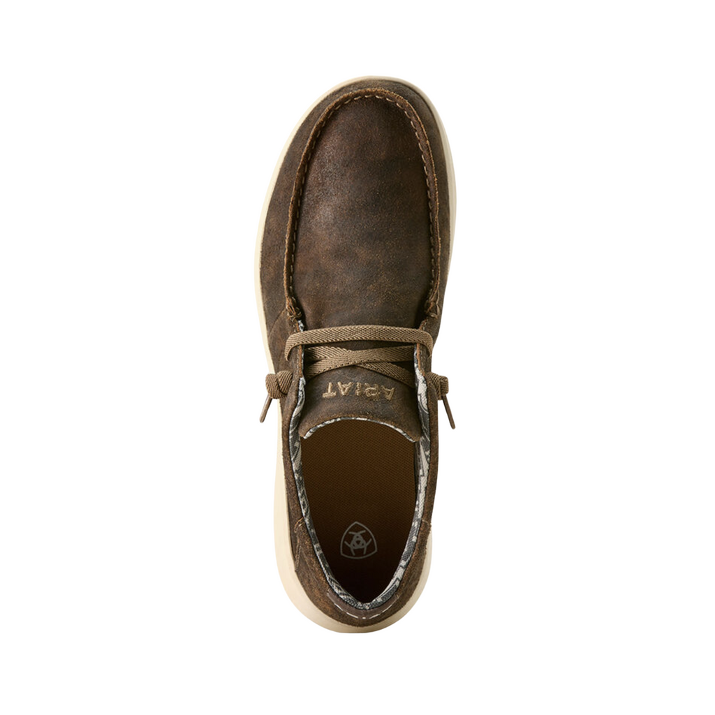 Ariat Men’s Hilo Slip-On Shoe in Western Brown top view showcasing the breathable fabric upper, dual elastic side gores for easy on and off, cushioned interior, and removable insole designed for arch support and custom orthotic compatibility.