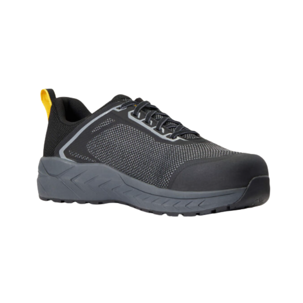 Ariat Men’s Outpace SD Composite Toe Safety Shoe in Charcoal side view showcasing the breathable mesh upper, abrasion-resistant overlays, athletic-inspired safety shoe design, FLX Foam midsole, composite toe protection, and oil- and slip-resistant outsole built for demanding work environments.