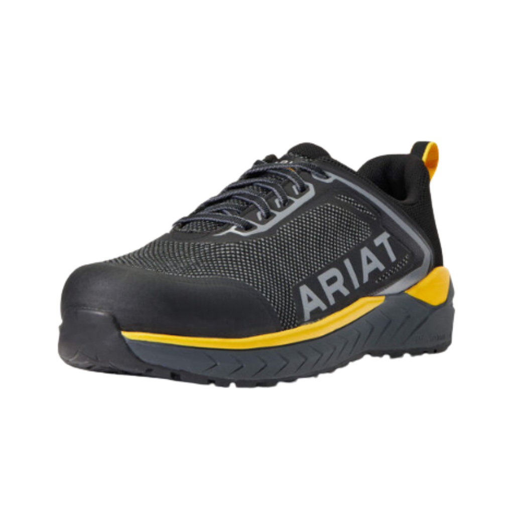 Ariat Men’s Outpace SD Composite Toe Safety Shoe in Charcoal side view showcasing the breathable mesh upper, abrasion-resistant overlays, athletic-inspired safety shoe design, FLX Foam midsole, composite toe protection, and oil- and slip-resistant outsole built for demanding work environments.
