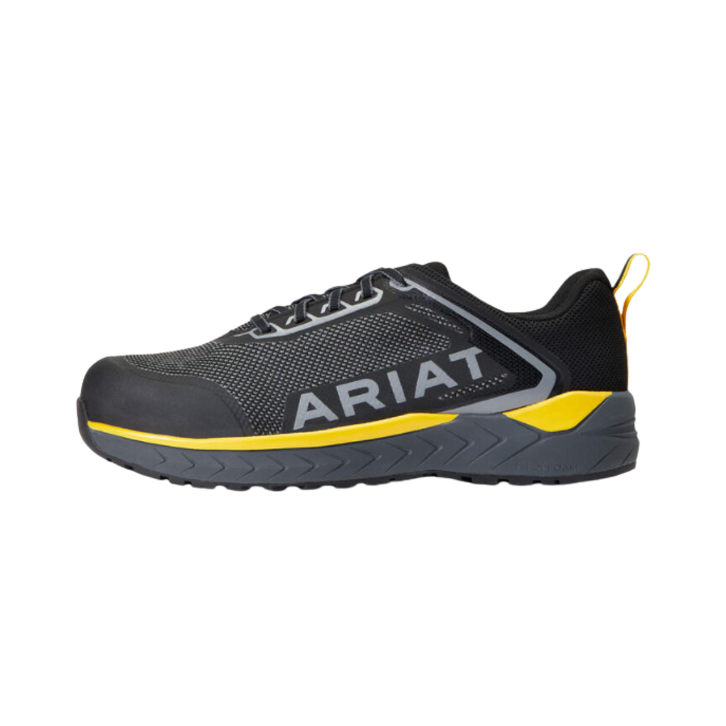 Ariat Men’s Outpace SD Composite Toe Safety Shoe in Charcoal side view showcasing the breathable mesh upper, abrasion-resistant overlays, athletic-inspired safety shoe design, FLX Foam midsole, composite toe protection, and oil- and slip-resistant outsole built for demanding work environments.