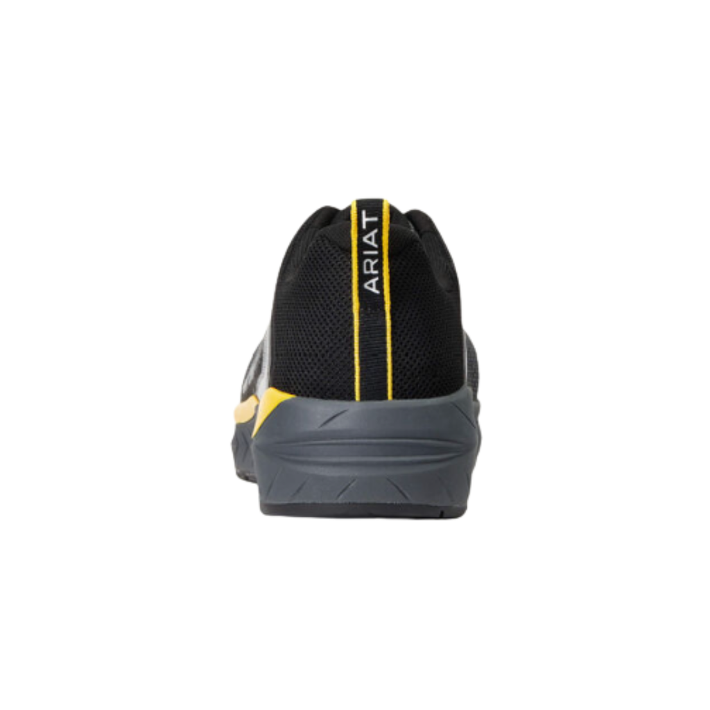 Ariat Men’s Outpace SD Composite Toe Safety Shoe in Charcoal rear heel view displaying the padded heel collar, reinforced heel structure, durable protective overlays, cushioned FLX Foam midsole, and stable outsole designed to reduce fatigue during long shifts.