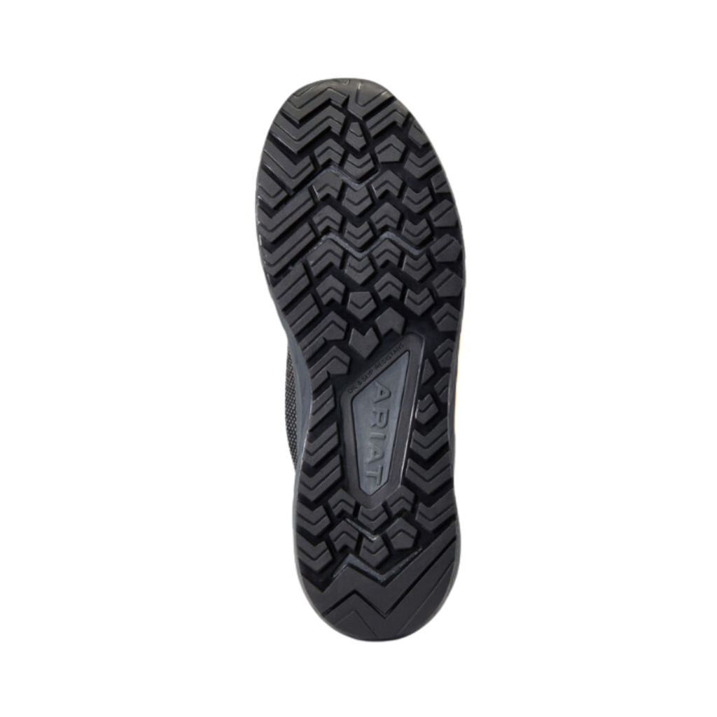 Ariat Men’s Outpace SD Composite Toe Safety Shoe in Charcoal bottom view featuring the oil- and slip-resistant outsole with flat-bottom stability design and durable traction pattern engineered to provide dependable grip, balance, and confidence on industrial surfaces.