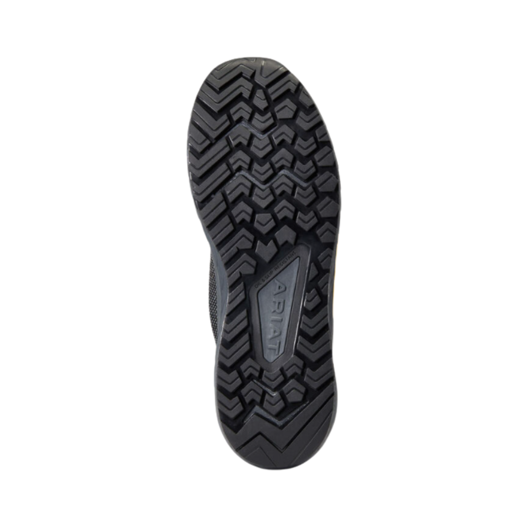 Ariat Men’s Outpace SD Composite Toe Safety Shoe in Charcoal bottom view featuring the oil- and slip-resistant outsole with flat-bottom stability design and durable traction pattern engineered to provide dependable grip, balance, and confidence on industrial surfaces.