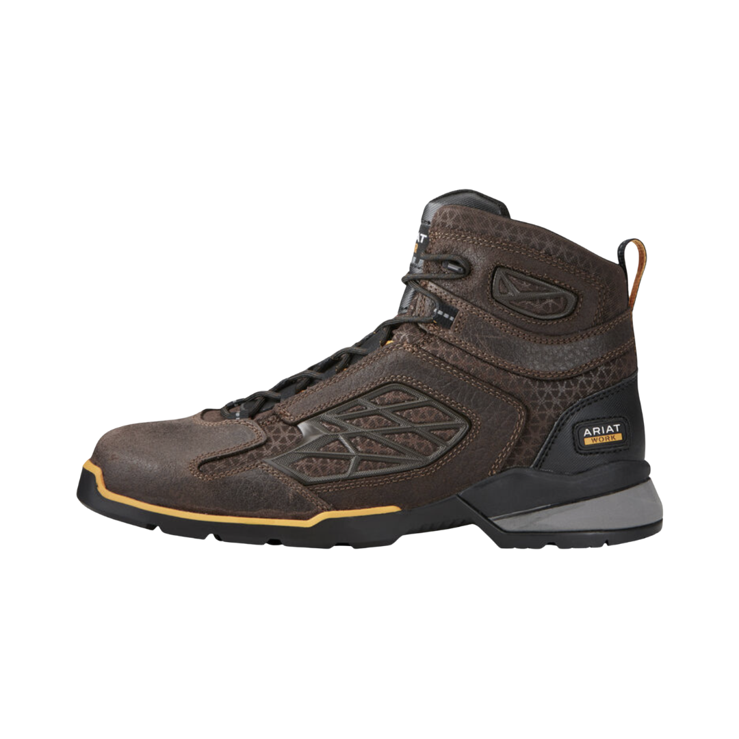 Ariat Men’s Rebar Flex 6" Composite Toe Work Boot in Chocolate Brown side view showcasing the durable leather work boot upper, 6-inch ankle support shaft, lightweight flexible construction, composite safety toe protection, shock-absorbing cushioning, and rugged outsole designed for demanding job sites.