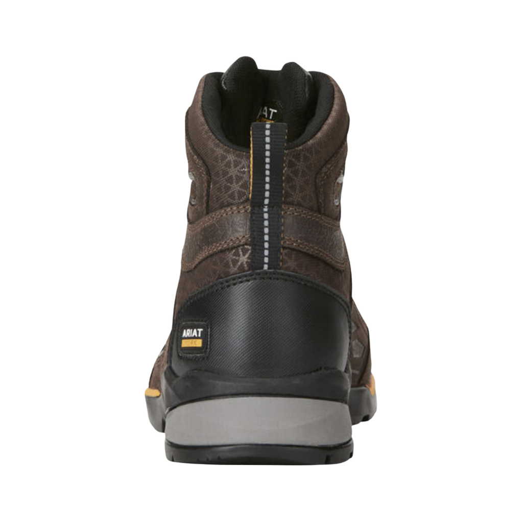 Ariat Men’s Rebar Flex 6" Composite Toe Work Boot in Chocolate Brown rear heel view displaying the supportive padded collar, reinforced heel structure, 6-inch shaft for ankle stability, and durable construction designed to provide comfort and protection during long workdays.