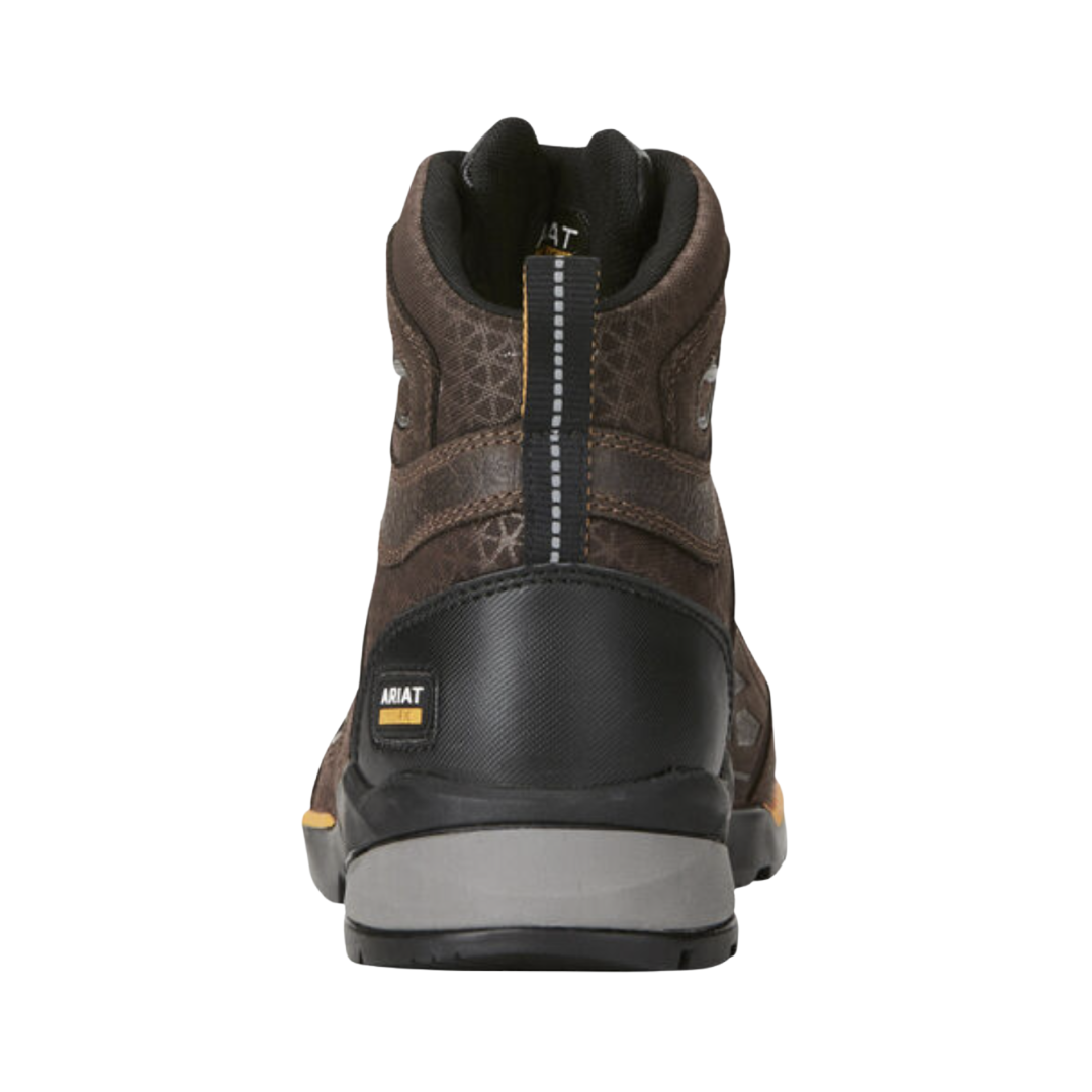 Ariat Men’s Rebar Flex 6" Composite Toe Work Boot in Chocolate Brown rear heel view displaying the supportive padded collar, reinforced heel structure, 6-inch shaft for ankle stability, and durable construction designed to provide comfort and protection during long workdays.