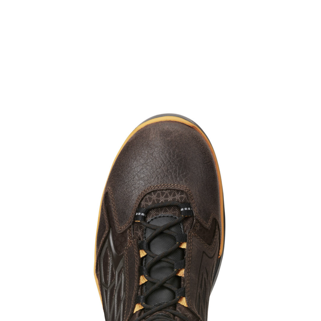 Ariat Men’s Rebar Flex 6" Composite Toe Work Boot in Chocolate Brown top view showcasing the leather upper, lace-up system, padded tongue and collar, spacious round toe area, and non-metallic construction designed for comfort, mobility, and metal detector-friendly performance.