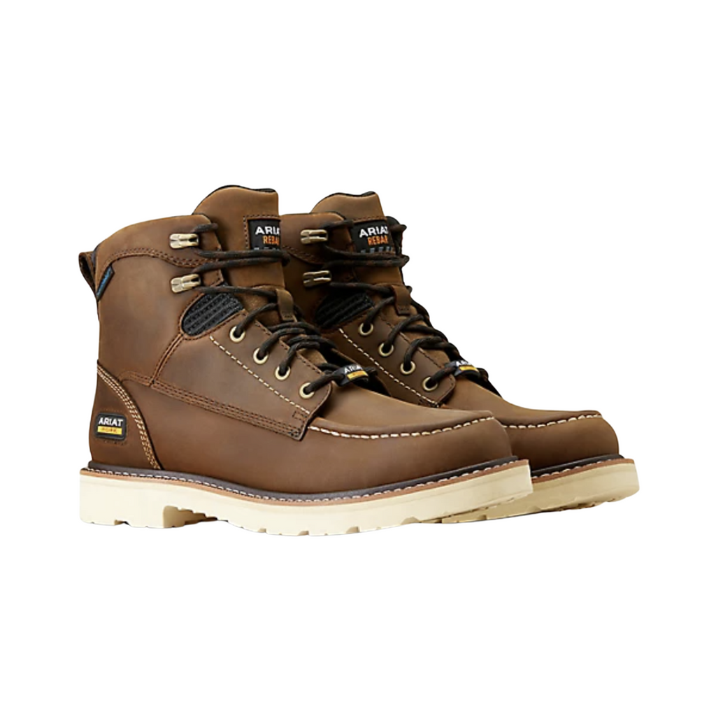 Ariat Men’s Rebar Lift 6" Waterproof Work Boot in Distressed Brown side view showcasing the premium full-grain leather upper, 6-inch ankle support shaft, Waterproof PRO™ construction, FLX Foam™ cushioning midsole, and oil- and slip-resistant outsole designed for rugged jobsite performance and all-day comfort.