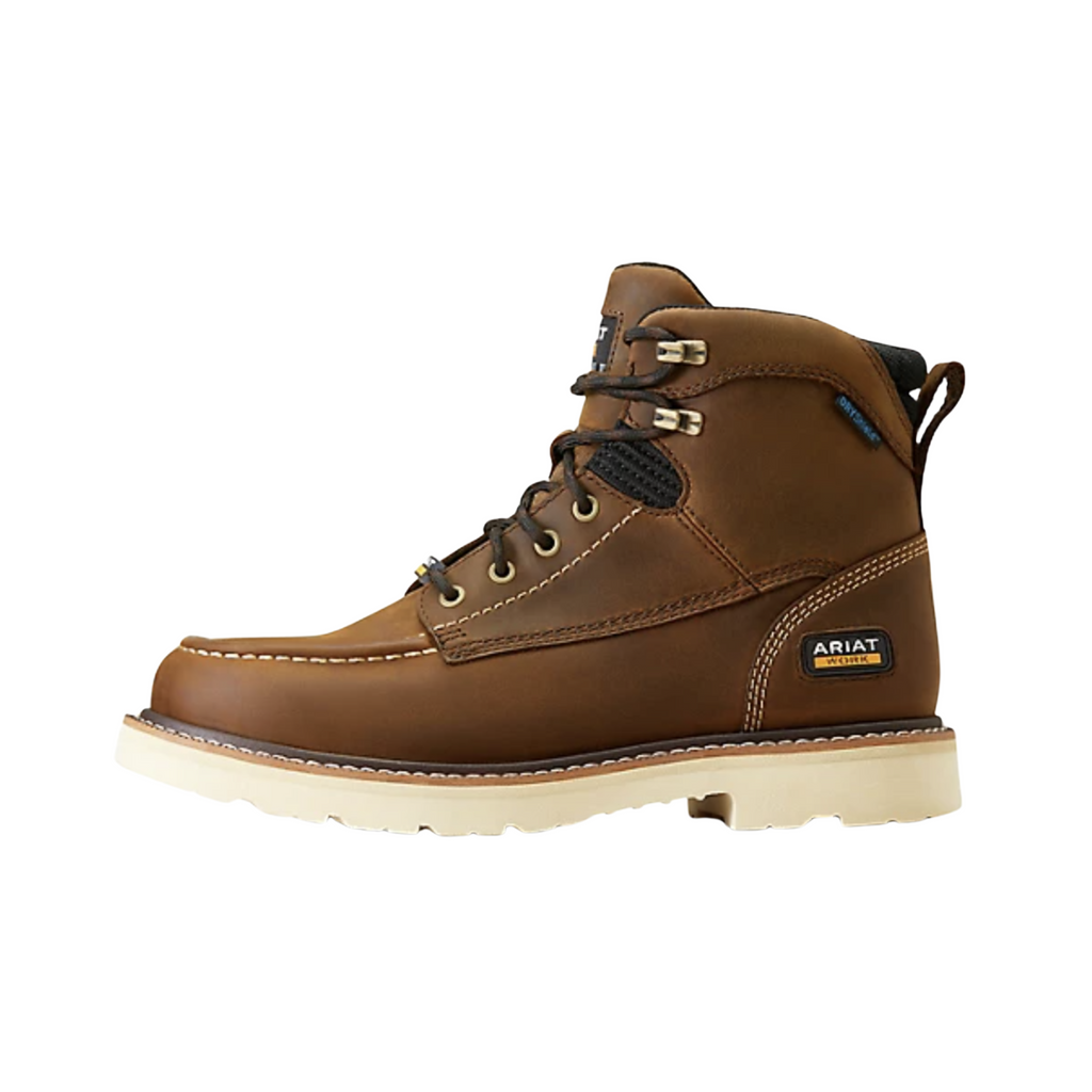 Ariat Men’s Rebar Lift 6" Waterproof Work Boot in Distressed Brown side view showcasing the premium full-grain leather upper, 6-inch ankle support shaft, Waterproof PRO™ construction, FLX Foam™ cushioning midsole, and oil- and slip-resistant outsole designed for rugged jobsite performance and all-day comfort.