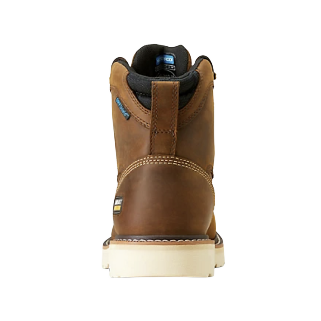 Ariat Men’s Rebar Lift 6" Waterproof Work Boot in Distressed Brown rear heel view displaying the supportive padded collar, reinforced heel structure, waterproof leather construction, and durable slip-resistant outsole designed to provide ankle support and reliable traction in demanding conditions.