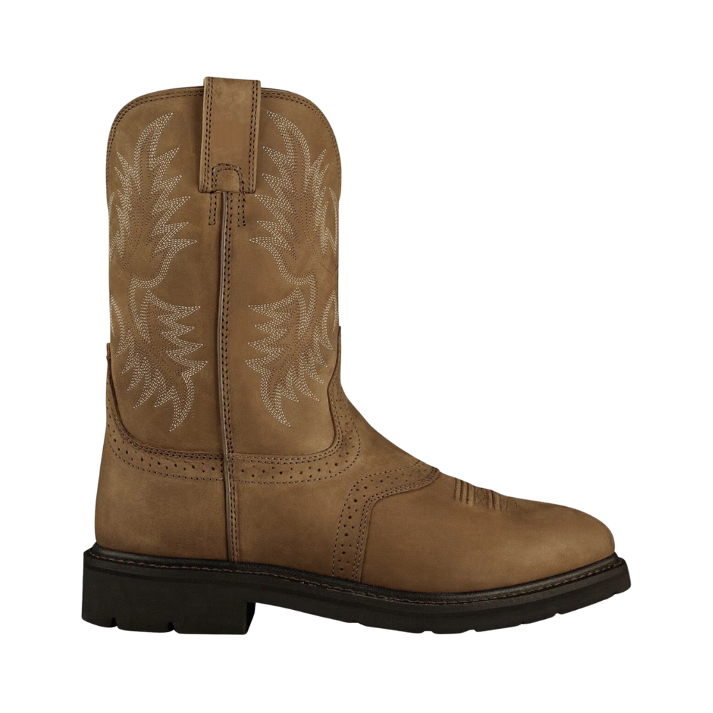 Ariat Men’s Sierra Saddle Soft Toe Boot in Aged Bark side view showcasing the durable leather upper, classic 10-inch pull-on western shaft, decorative six-row stitch pattern, Duratread™ outsole, and 90-degree heel designed for rugged durability, stability, and all-day comfort.