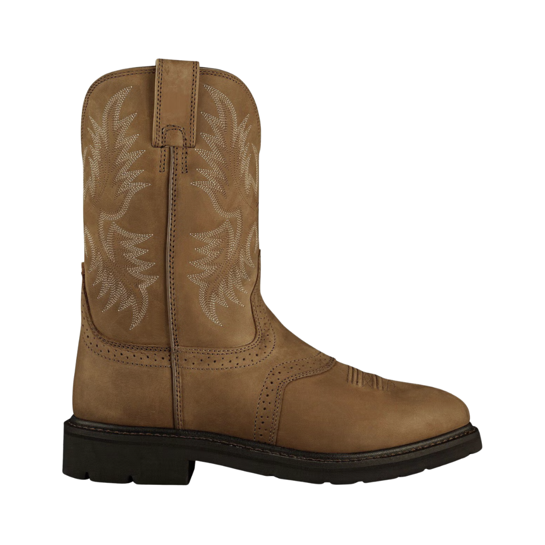 Ariat Men’s Sierra Saddle Soft Toe Boot in Aged Bark side view showcasing the durable leather upper, classic 10-inch pull-on western shaft, decorative six-row stitch pattern, Duratread™ outsole, and 90-degree heel designed for rugged durability, stability, and all-day comfort.