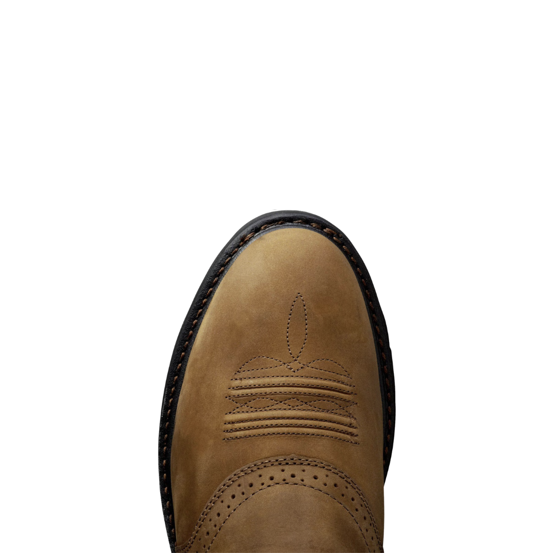 Ariat Men’s Sierra Saddle Soft Toe Boot in Aged Bark top view showcasing the premium leather upper, pull-on opening, spacious roper toe, saddle vamp with perforated accents, toe bug and wrinkle detailing, and comfortable interior designed for extended wear.