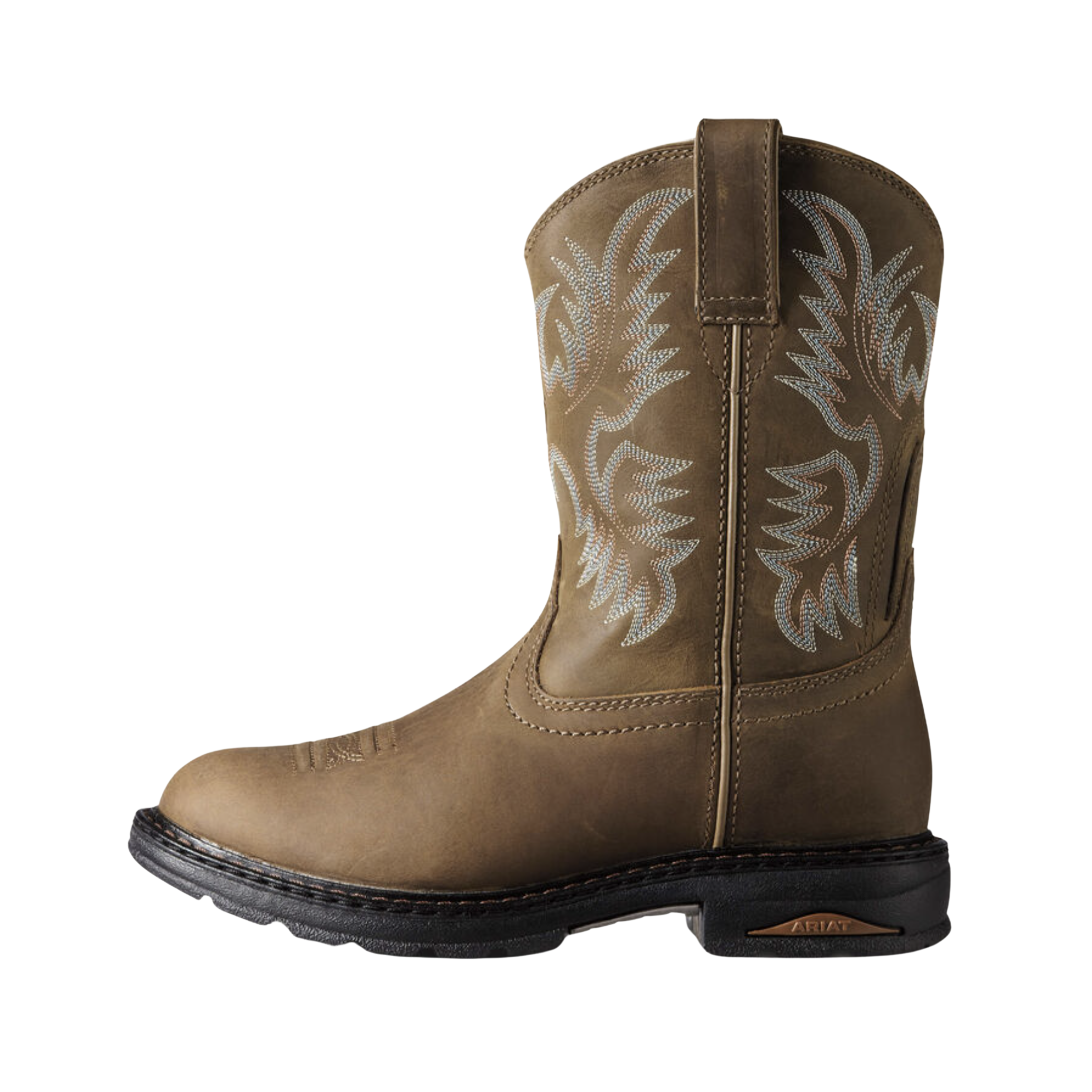 Ariat Women’s Tracey Pull-On Composite Toe Boot in Dusted Brown side view showcasing the full-grain leather upper, classic 10-inch western pull-on silhouette, Waterproof PRO™ construction, composite safety toe, EVA cushioning midsole, and Duratread™ oil- and slip-resistant outsole built for durable comfort and jobsite performance.