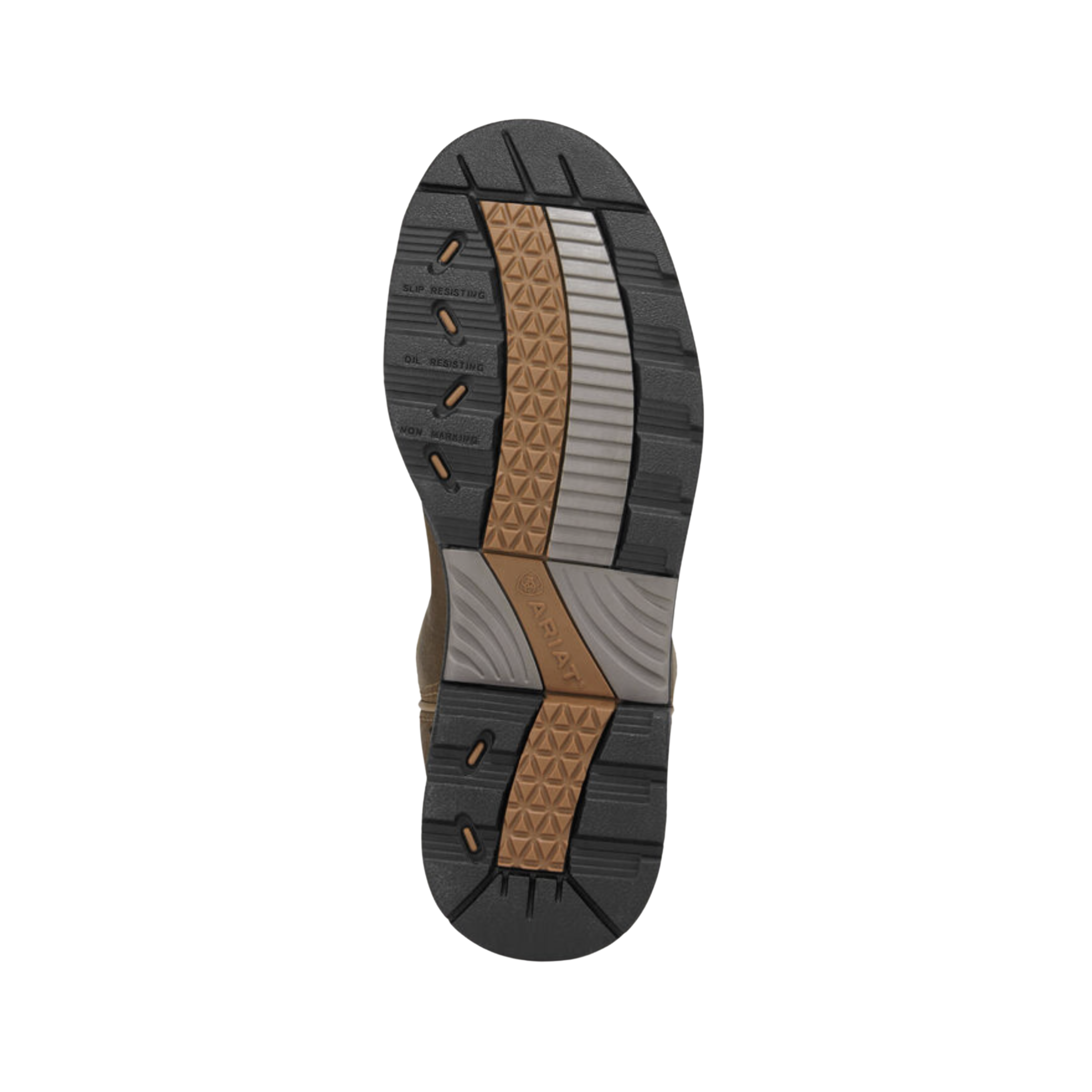 Ariat Women’s Tracey Pull-On Composite Toe Boot in Dusted Brown bottom view featuring the Duratread™ oil- and slip-resistant outsole with rugged traction pattern engineered to provide reliable grip, flexibility, and stability on wet, muddy, slick, and uneven work surfaces.
