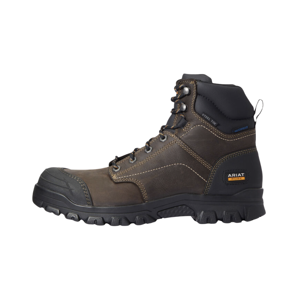 Ariat Treadfast 6" Waterproof Steel Toe Work Boot in Dark Brown side view showcasing the durable leather upper, 6-inch ankle support shaft, waterproof construction, protective steel safety toe, rugged midsole, and slip-resistant outsole designed for demanding jobsite performance and all-day comfort.