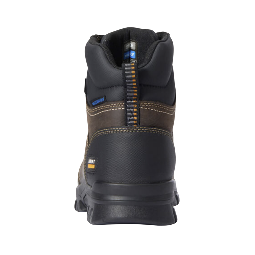 Ariat Treadfast 6" Waterproof Steel Toe Work Boot in Dark Brown rear heel view displaying the reinforced heel structure, supportive padded collar, 6-inch shaft for ankle stability, durable waterproof leather construction, and slip-resistant outsole designed for reliable performance on demanding job sites.
