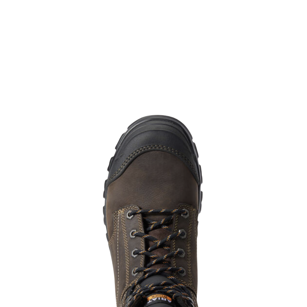 Ariat Treadfast 6" Waterproof Steel Toe Work Boot in Dark Brown top view showcasing the premium leather upper, lace-up system, padded tongue and collar, spacious round toe design, and cushioned interior built for supportive comfort throughout long workdays.