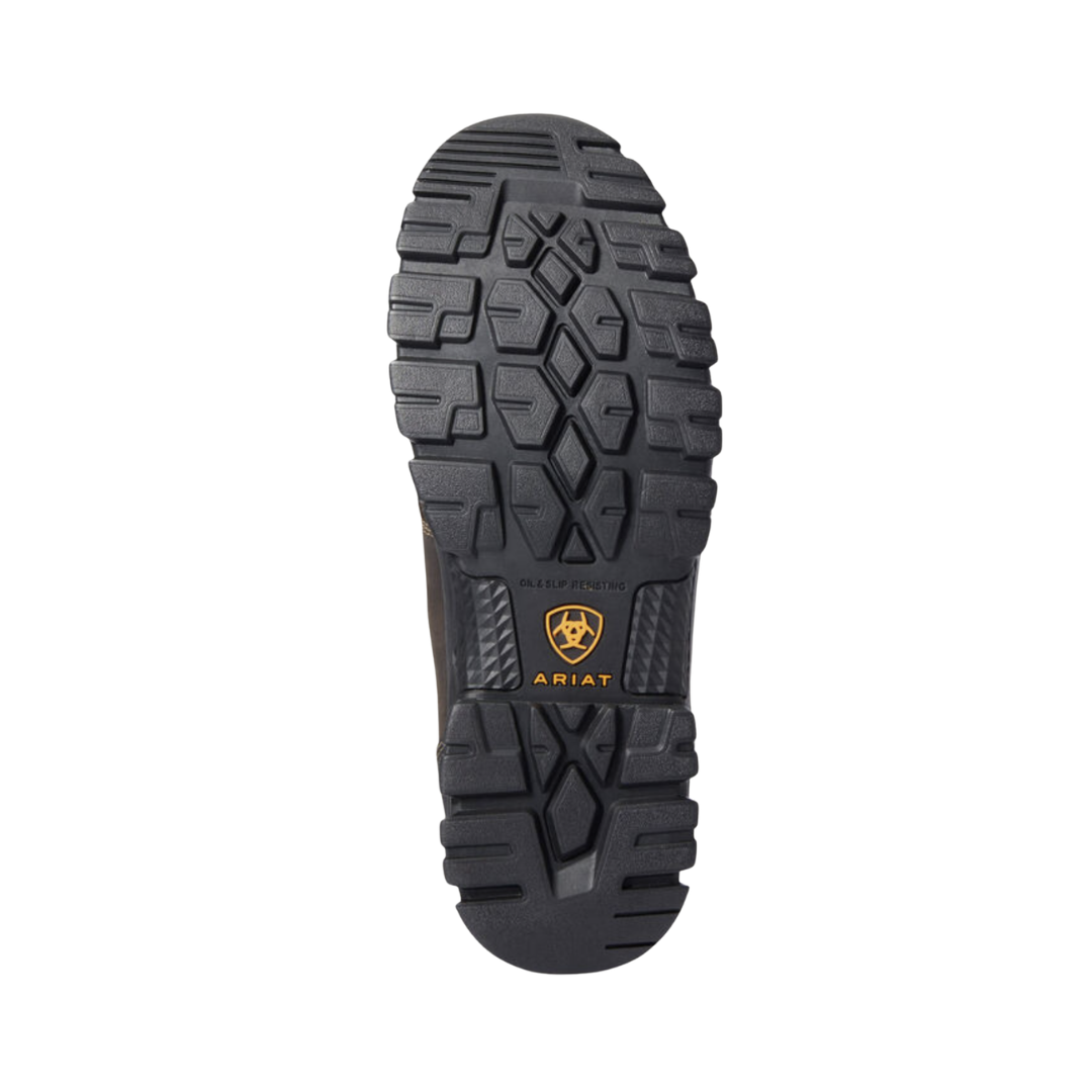 Ariat Treadfast 6" Waterproof Steel Toe Work Boot in Dark Brown bottom view featuring the ASTM F2413 slip-resistant outsole with rugged traction pattern engineered to provide dependable grip, stability, and confidence on slick, uneven, and industrial jobsite surfaces.
