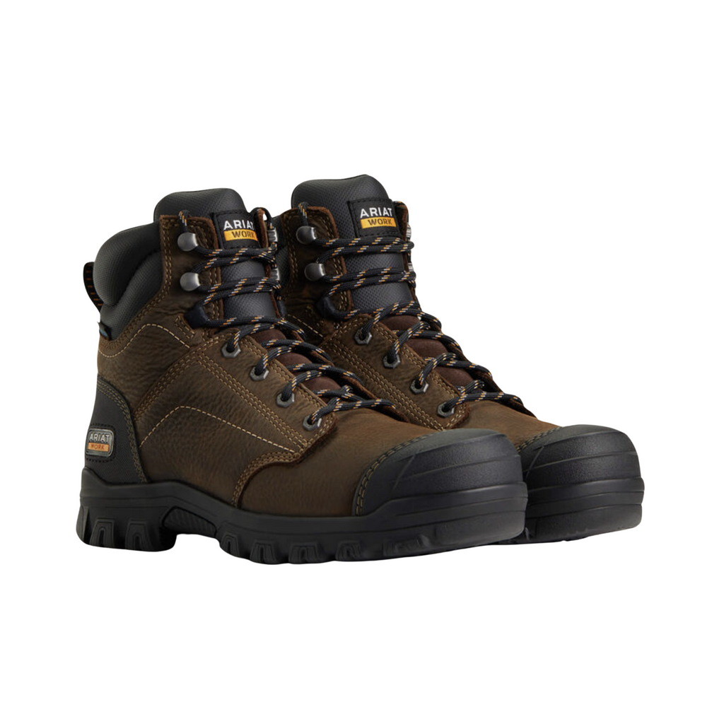 Ariat Treadfast 6" Waterproof Steel Toe Work Boot in Dark Brown side view showcasing the durable leather upper, 6-inch ankle support shaft, waterproof construction, protective steel safety toe, rugged midsole, and slip-resistant outsole designed for demanding jobsite performance and all-day comfort.