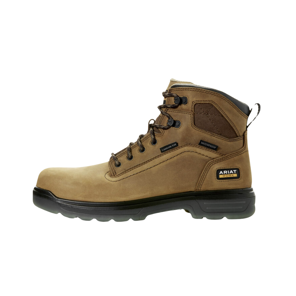 Ariat Men’s Turbo 6" Waterproof Carbon Toe Work Boot in Aged Bark side view showcasing the premium full-grain leather upper, 6-inch ankle support shaft, Waterproof PRO™ construction, carbon safety toe, Shock Shield® technology, and Bantamweight™ oil- and slip-resistant outsole designed for lightweight jobsite performance.